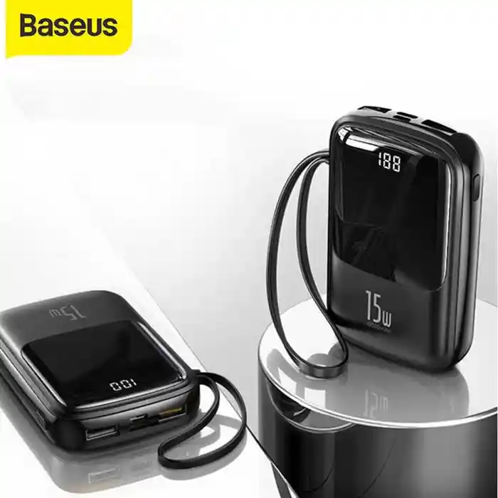 BASEUS Qpow 10000mAh 15W Digital Display Fast Charging Power Bank Built-In Cable Type-c & Lightning Cable